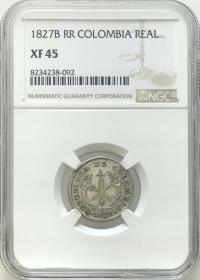 Kolumbia. 1 real 1827 B, Nuevo Reino NGC XF45