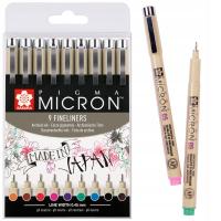 Zestaw 9szt kolorowych cienkopisów Pigma Micron SAKURA nieblaknący tusz mix
