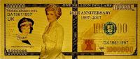 DIANA SPENCER Piękny Pozłacany Banknot Kolekcjonerski z PVC 1000000 Dolarów