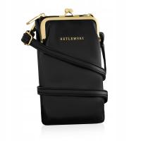 BETLEWSKI Mała Torebka Damska Etui Na Telefon Smartfon Czarna Skórzana Logo