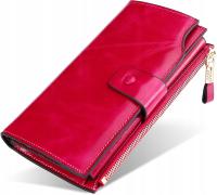 Czerwony skórzany, lakierowany portfel damski skóra system RFID, pudełko