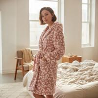 Szlafrok Damski z Bawełną Do Kolan Wiązany z Kieszeniami Miękki Jasny Róż