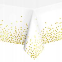 OBRUS FOLIOWY jednorazowy biały w złote kropki 274 cm x 137 cm na urodziny