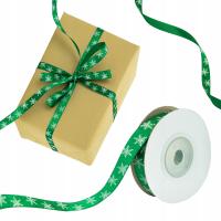 WSTĄŻKA ŚWIĄTECZNA ZIELONA w ŚNIEŻYNKI 12mm TASIEMKA OZDOBNA DO PAKOWANIA