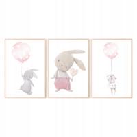 Набор из 3 картинок A3 плакаты розовые кролики