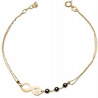 Damska modna bransoletka złota 585 podwójna z nieskończonością i sercem