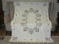 WYJĄTKOWY OBRUS Z WRABIANYM KORDONKIEM,HAFTY KRZYŻYK,MEREŻK GRUBE FRĘDZLE