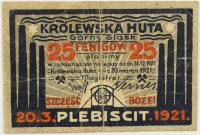 Notgeld Chorzów Konigshutte in Schlesien 25 pfennig fenigów 1921 Plebiscyt
