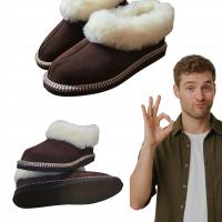 Kapcie męskie Bresco z naturalną wełną brązowe bambosze zimowe ciepłe 42