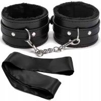 Kajdanki BDSM Z Futerkiem + Opaska Na Oczy Skórzane Regulowane Akcesoria