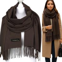 CIEPŁY KASZMIROWY w dotyku SZAL Z WEŁNĄ damski gładki szalik CZEKOLADOWY