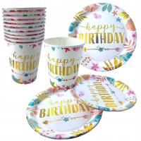 Чашки бумажные тарелки набор бохо цветы день рождения 20 шт.