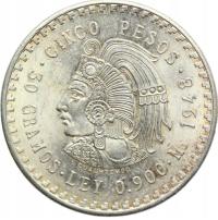 5 PESO MEKSYK 1948 INDIANIN CUAUHTEMOC AZTEK Ag 900