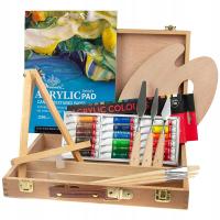 Zestaw malarski profesjonalny w drewnianej walizce farby pędzle DIY