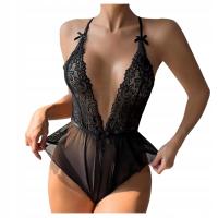 CZARNE BODY PIŻAMA NOCNY KOMPLET TIUL KORONKA ELEGANCKI SEXI NOC 40 42