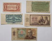 45. Czechosłowacja, zestaw 5 banknotów, 1-10 koron, mix