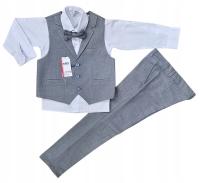 SZARY GARNITUR CHŁOPIĘCY KAMIZELKA KOSZULA SPODNIE MUSZKA -128 cm