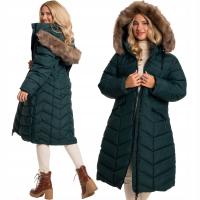 TECLA Luźna Zimowa Długa KURTKA Damska Pikowana PŁASZCZ Kaptur Futro Green