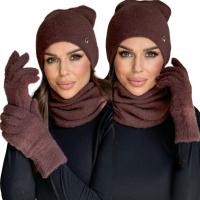 KOMPLET DAMSKI CZAPKA KOMIN RĘKAWICZKI ZESTAW CIEPŁY ALPAKA PL BRĄZOWY 2911