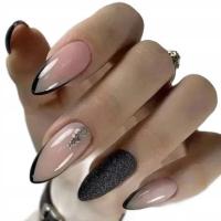 Paznokcie Sztuczne Tipsy Almond Czarne French Brokatowe Samoprzylepne 24szt