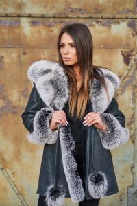 Овчины природных женщин с капюшоном мех серый теплый для зимы с капюшоном