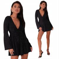 Kombinezon damski z brokatem elegancki wieczorowy luźny kopertowy czarny