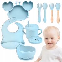 СИЛИКОНОВАЯ ПОСУДА НАБОР ДЕТСКОЙ ПОСУДЫ С НАГРУДНИКОМ КРАБ ПРИСОСКА