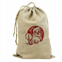 Worek Świąteczny Lniany: Haft Mikołaj. Worek na Prezenty na Boże Narodzenie