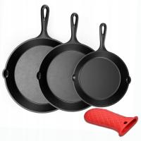 Zestaw 3 Patelni ŻELIWNYCH Na Prezent Indukcja Ognisko Grill Gaz + Nakładka
