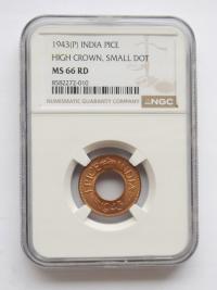INDIE PICE 1943 PRETORIA WYSOKA KORONA MAŁA KROPKA NGC MS66 RD