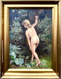 Carl HORNUNG-JENSEN 1882-1960) NAGA KOBIETA W OGRODZIE KOLEKCJONERSKI OBRAZ