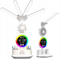 Wielofunkcyjna lampka biurkowa LED wentylator zegar RGB 4-skrzydłowa biurko