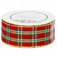 Wstążka satynowa w brokatową kratkę do dekoracji święta 25mm 10mb czerwona