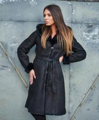 Naturalny kożuch damski z paskiem PŁASZCZYK klasyczny zimowy płaszcz SKÓRA