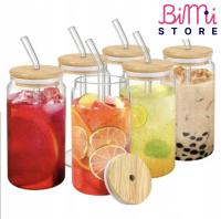 Ekologiczny zestaw szklanych kubków z bambusową pokrywką oraz słomką