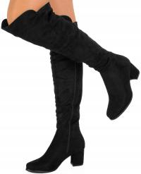 8404 CZARNE ZAMSZOWE KOZAKI ZA KOLANO NA ZAMEK DAMSKIE NA OBCASIE