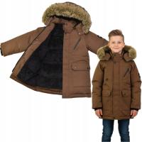 Ciepła kurtka zimowa chłopięca brązowa z futerkiem odpinany kaptur