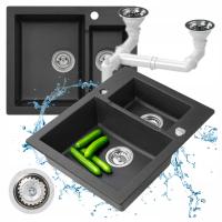 Полуторакамерная раковина гранитная черная в комплекте с ручным сифоном