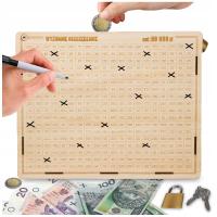 SKARBONKA WYKREŚLANA NA KŁÓDKĘ DREWNIANA WYZWANIE OSZCZĘDZANIE CEL 50000 zł