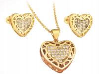 Złoty komplet biżuterii kolczyki zawieszka naszyjnik serca serduszka 3cz