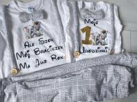 Komplet na Pierwsze Urodziny roczek rok chłopiec szara kratka safari