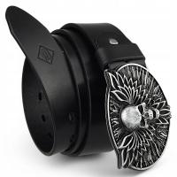 SKÓRZANY PASEK MOTOCYKLISTY BLAKARDO 4 CM CZARNY CZASZKA STARE SREBRO