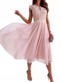MD tiulowa różowa sukienka koronka kropeczki | L