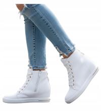 Trampki damskie Białe sznurowane sneakersy na obcasie koturnie 12815