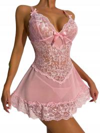 RÓŻOWA PRZEŚWITUJĄCA KORONKOWA HALECZKA + STRINGI L/XL