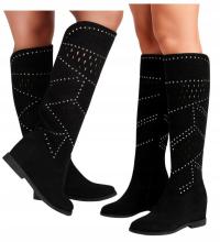 Женские сапоги на низкой танкетке дышащие сапоги ажурные черные 16209