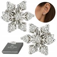 KOLCZYKI SREBRNE NA PREZENT ŚNIEŻYNKI RODOWANE NA SZTYFCIE CYRKONIE +ETUI