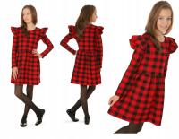 ŚWIĄTECZNA sukienka w kratkę, FALBANKI, produkt polski - CZERWONY