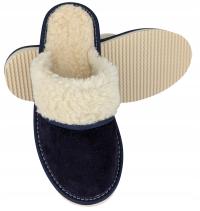 Kapcie Domowe Zimowe Laczki Damskie Pantofle Skórzane Wełniane Granatowe
