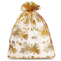 Złoty Woreczek Torebka organza wzór na Boże narodzenie gwiazdka święta